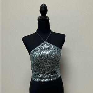 Pinko Silver Sequin Halter Crop Top